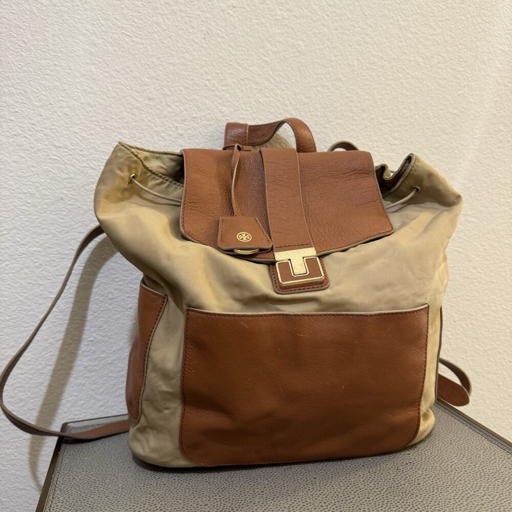 Tory Burch Penn Backpack Tan Nylon Brown PU Leather Pockets Handbag Purse - Picture 11 of 16